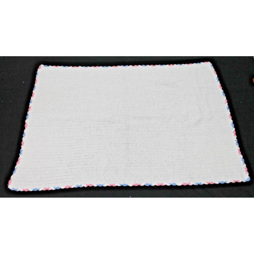 Handmade Crochet Baby Blanket White Pink Blue Scalloped Edge 35x27